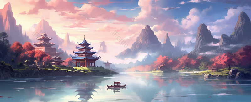 高山云层国潮风山水建筑意境插画,插画/手绘图,插画/手绘图库,插画/手绘图下载,插画/手绘